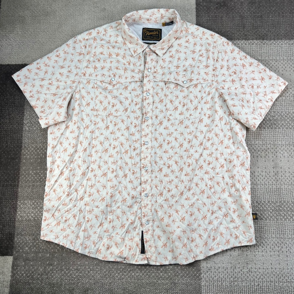 Howler Brothers Open Country Tech Shirt XXL Tan Floral Pearl Snap Short Sleeve